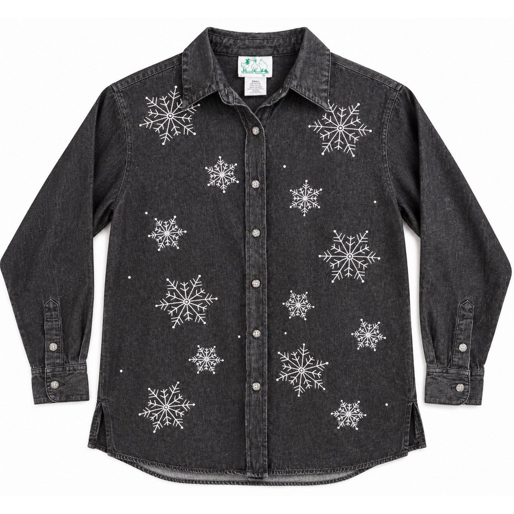 Quacker Factory Snowflake Rhinestone Embroidered Denim Shirt Holiday Small